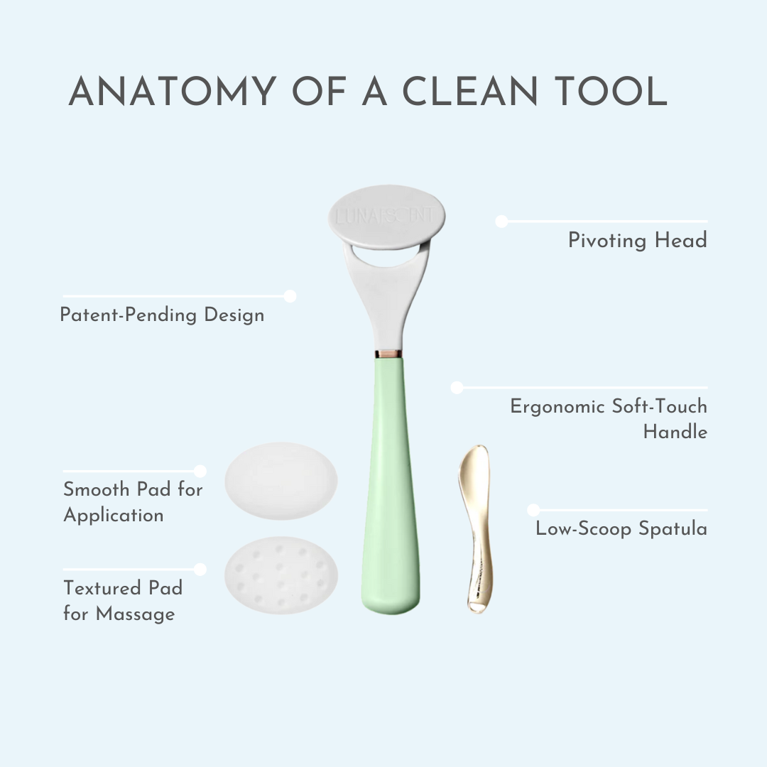 Anatomy of a clean tool, shows LUNAESCENT tool with each of the features: Pivoting head, Patent-Pending Design, Ergonomic Soft-touch handle, Smooth pad for Application, Textured pad for massage, and a Low scoop spatula