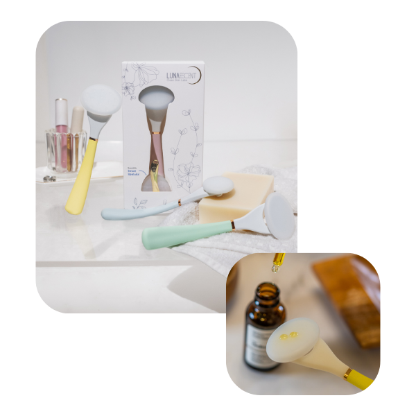 Collection of LUNAESCENT tools in various colors and image of applicator with serum