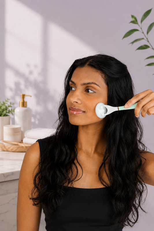 Woman in bathroom using LUNAESCENT applicator on her face.