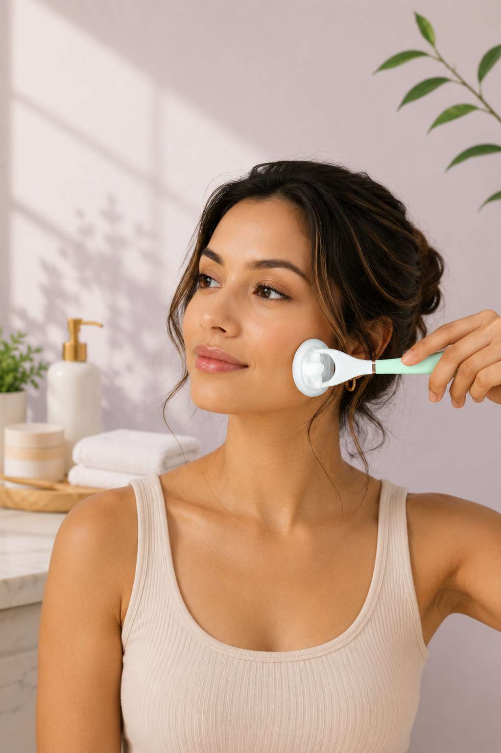 Woman using LUNAESCENT applicator on her face.