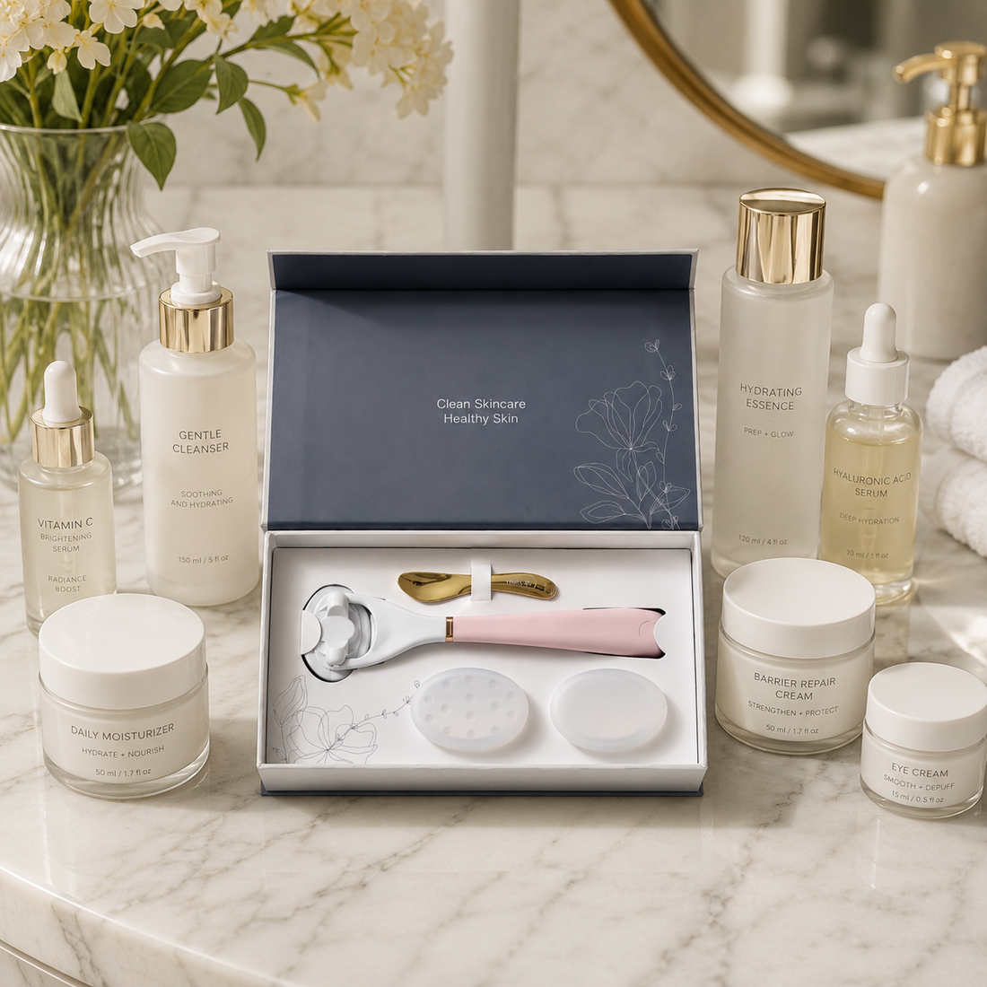 LUNAESCENT Touch-Free Applicator Deluxe Box on a bathroom counter with skincare around it.