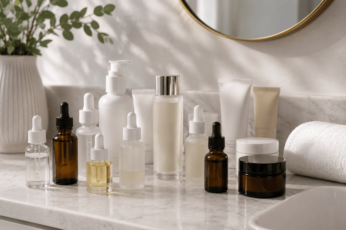 Assortment of skincare products on a bathroom shelf.