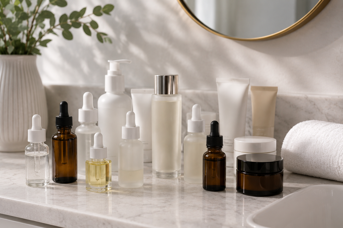 Assortment of skincare products on a bathroom shelf.