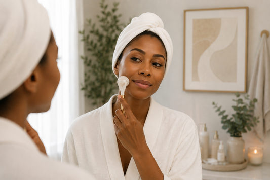 African-American woman wearing robe and hair turban applying skincare with LUNAESCENT applicator.