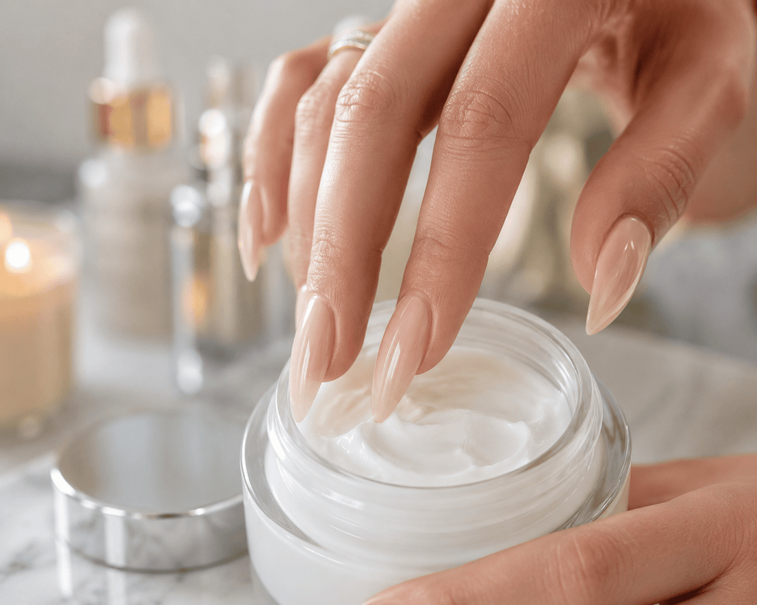 Fingers with long fingernails painted in soft pink dipping into a jar skincare.
