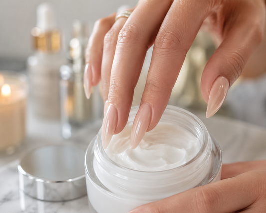 Fingers with long fingernails painted in soft pink dipping into a jar skincare.
