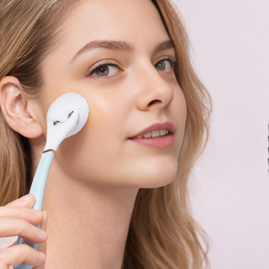 Woman using LUNAESCENT applicator on her face.